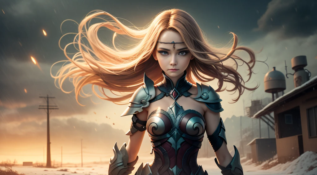 A tall and beautiful elf woman, with blue pupils, contempt in the eyes, a cold expression, a lofty posture, up chest, golden light armor all over the body, staring overhead, Spinning wind, lightning around the character, neve, winter, snow storm, night complex background, highy detailed, (grimdark:1.3), tenebrosa, dimmed, HDR, vignette, grimy