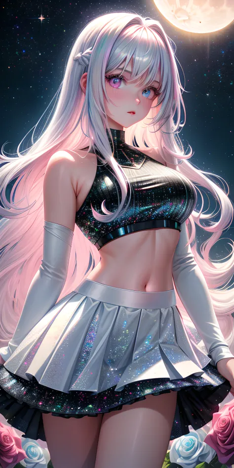 realistic, 1girl, holographic long wavy hair, heterochromic eyes, glowing eyes, holo crop top, holo skirt, parted lips, blush, moon, night, white roses, pastel pink,pastel blue tetradic colors, glitter