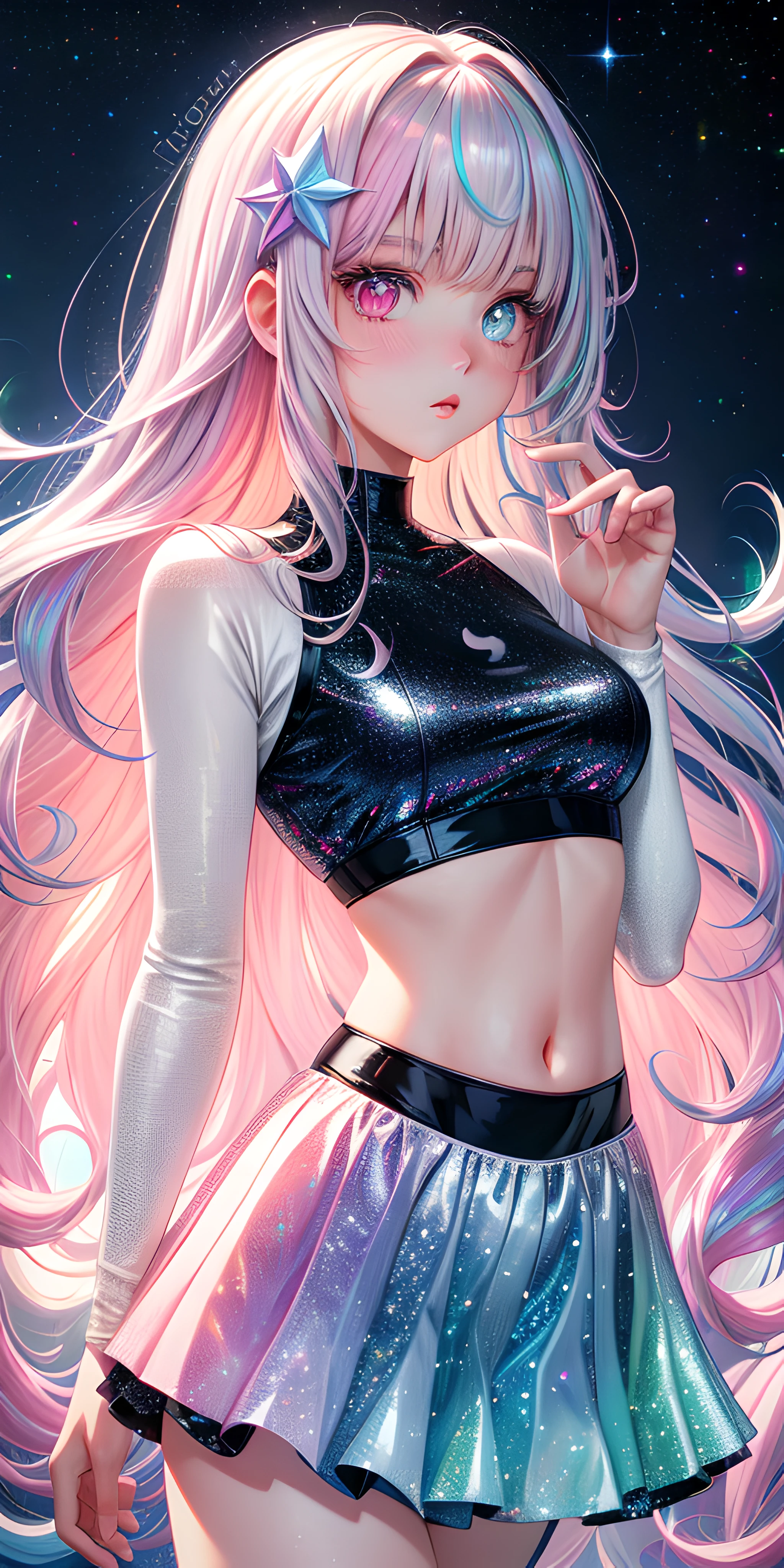 realistic, 1girl, holographic long wavy hair, heterochromic eyes, glowing eyes, holo crop top, holo skirt, parted lips, blush, moon, night, white roses, pastel pink,pastel blue tetradic colors, glitter