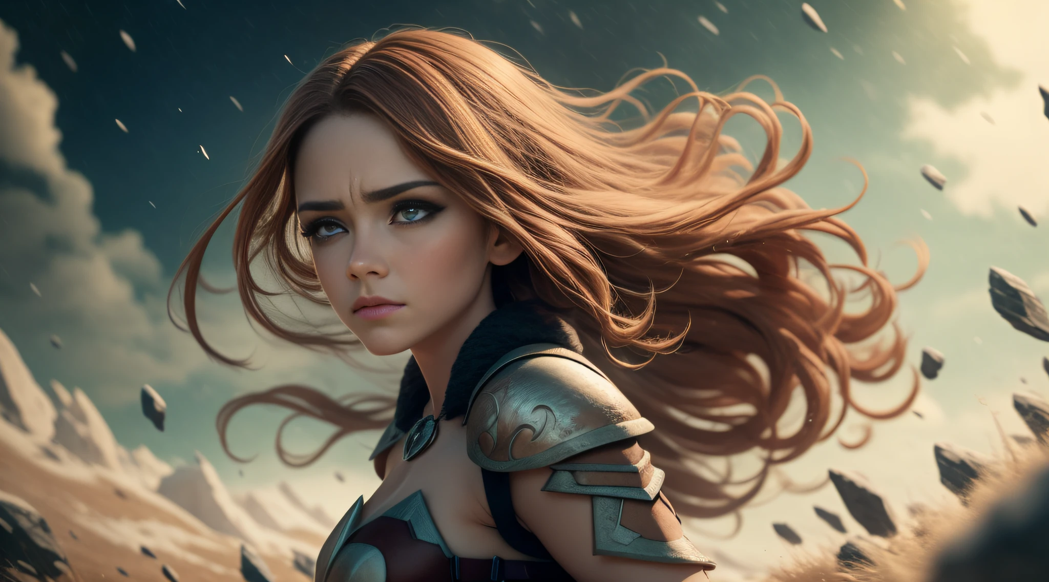 A tall and beautiful elf woman, with blue pupils, contempt in the eyes, a cold expression, a lofty posture, up chest, golden light armor all over the body, staring overhead, Spinning wind, lightning around the character, neve, winter, snow storm, night complex background, highy detailed, (grimdark:1.3), tenebrosa, dimmed, HDR, vignette, grimy