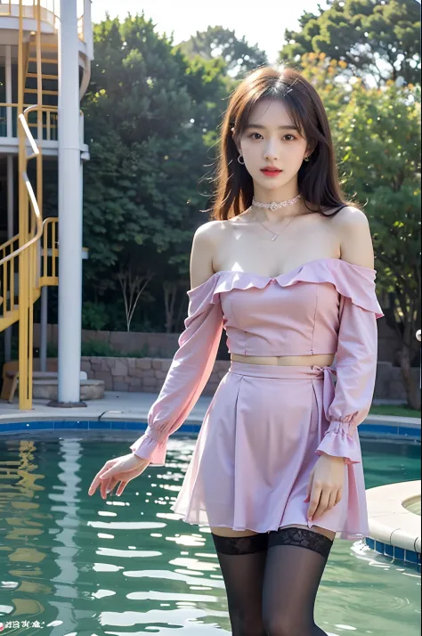 (High-resolution 8K raw photos are realistic,best qualtiy,),(Stylish long-sleeved off-the-shoulder top，Mini water pattern skirt)...