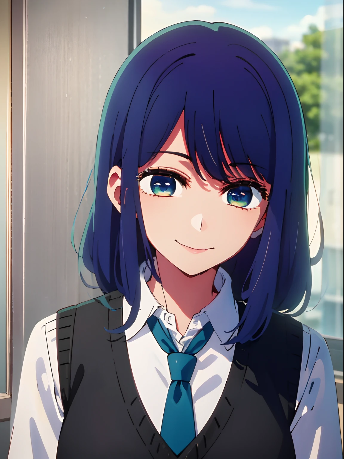 bela iluminação, 1 garota em, só, Akane, camisa branca, Colete suéter, colete preto, gravata azul, estilo anime、Um sorriso