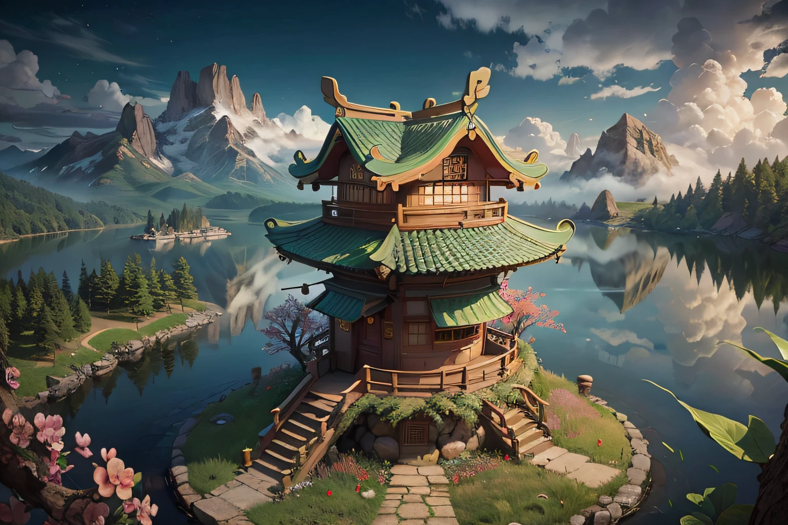 (8k, original image, best quality, masterpiece: 1.2),aerial garden, (A woman lazily sits on a tree watching the scenery),Beautiful facial features, extremely beautiful face,(Hanfu long skirt),Maple Leaf Red Hanfu, Ancient pine trees,Fisheye view, whole body, solo, atmospheric lighting, Cinematic lighting, peach trees, wooden Bridges, tree houses, lawns， The foreground is a Chinese style circular arch,Far away is a mountain hidden in the clouds,pink flowers, wind,cloud, atmospheric lighting,physics based rendering, viewers