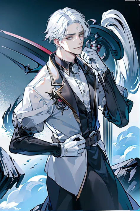 (Masterpiece, Best quality:1.2), (absurd res, A high resolution, Ultra detailed), 1 male, Adult, Handsome, Tall man, White hair, finely quality eyes, Half shot, Detailed background, Detailed face, (Gothic), fake smile, dark leather, alta fantasia,Shadows, ...