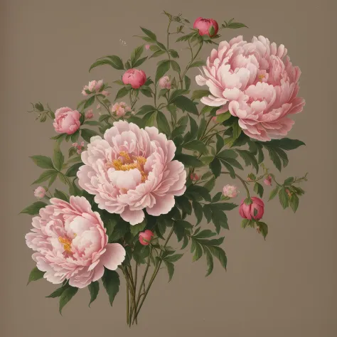 (beste-Qualit: 1.2), (Detailed: 1.2), (tmasterpiece: 1.2), Vintage botanical illustrations of peonies pink, bouquet  (1770-1775)...