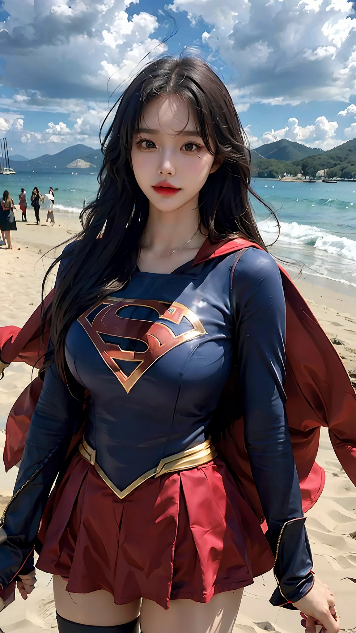 Woman body set big breasts, Supergirl Costume Dress, flying in sky, 4K, Huge details, surreal, Detailed face, Korean Idol, a beauti