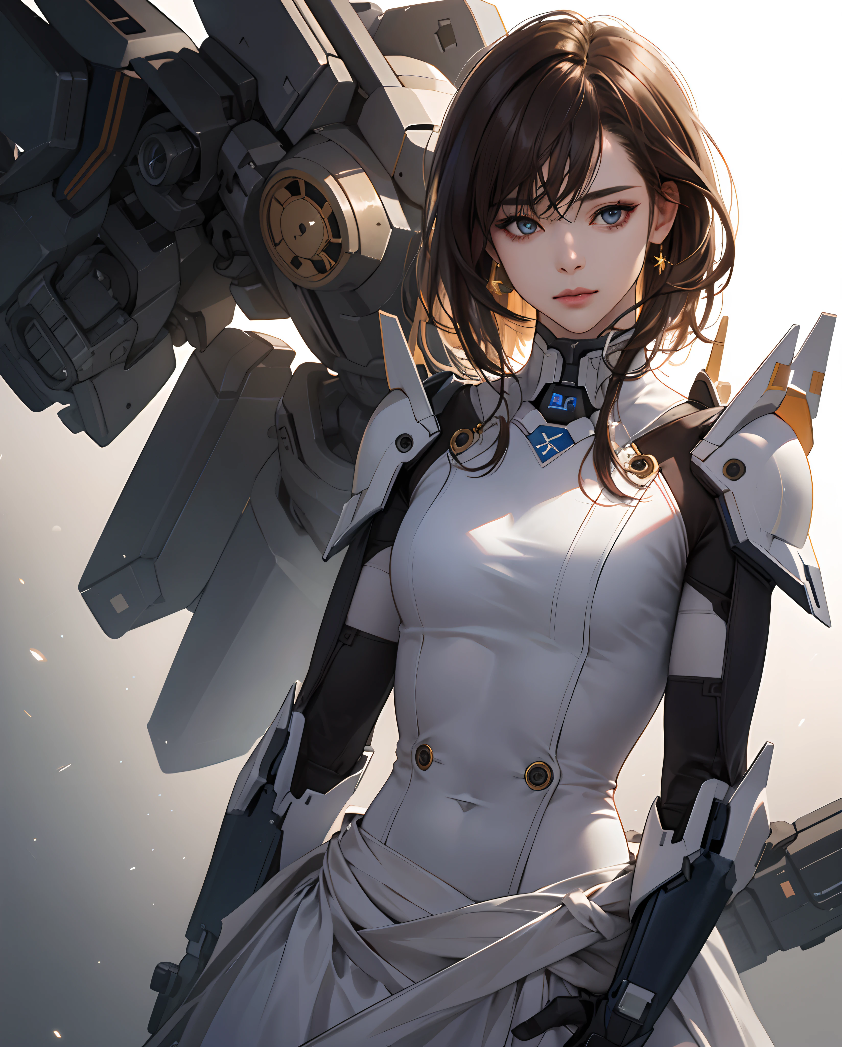 ((Realistic lighting, best qualtiy, 8k, tmasterpiece:1.3)), sharp focus:1.2, 1girl, Beautiful Women with Perfect Figure:1.4, Slim abs:1.1, ((dark brown  hair)), (white dresses:1.4）,（exteriors，during night：1.1），Mecha Combat，Ultra-fine face，Fine eyes，double eyelid，
