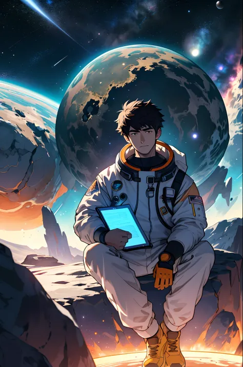 Draw a young programmer，Sit on a research platform floating in the middle of the asteroid belt。He was studying with a notebook，Surrounded by several asteroids that emit fiery rings。Dramatic illuminations from distant stars and planets illuminate the scene，...