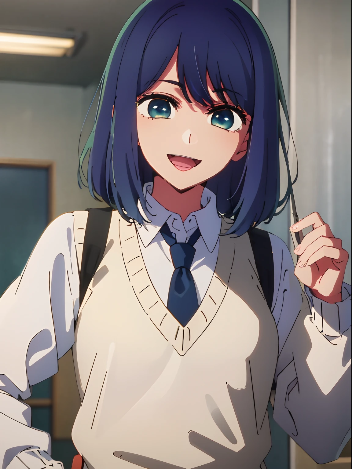 bela iluminação, 1 garota em, só, Akane, camisa branca, Colete suéter, colete preto, gravata azul, ((estilo anime))、((2D))、Um sorriso、Abra sua boca