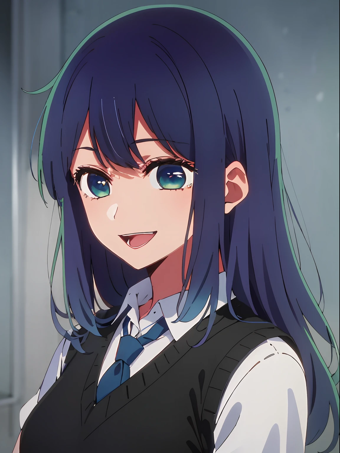 beautiful  lighting, 1girl in, 独奏, Akane, white  shirt, Sweater Vest, Black vest, Blue tie, ((anime styled))、((2D))、A smile、Open your mouth、The long-haired