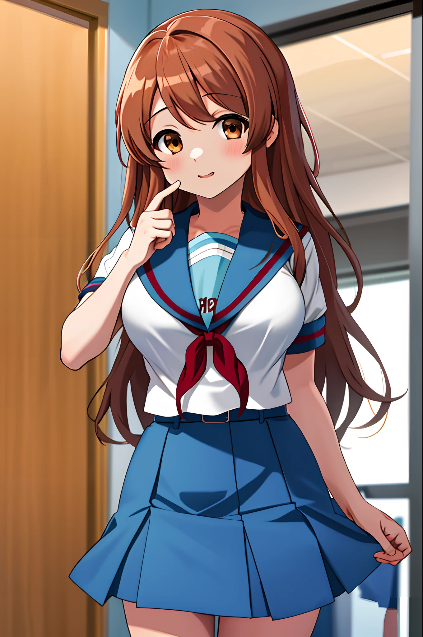 Masterpiece, Best quality, A high resolution, mikuru1, 1girll, asahina mikuru, Long hair, kita high school uniform, Solo, Blue sailor collar, Sailor collar, serafuku, Blue skirt, Skirt, Short sleeves, Red ribbon, Large breasts,