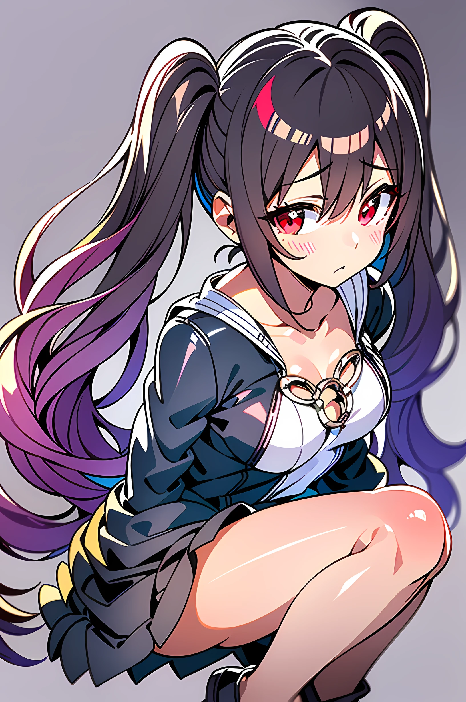 1girl in, (disgaea:0.8), (Hanging:1.5), red eyes, Selfish face, Cheerful girl, (Highlights in the eyes:1.3), (cool expression:1.1),A dark-haired, (elongated twin tails:1.2), (Black hair with red streaks:1.4), (Straight hair), Ahoge, (hair between eye, side locks), (beautiful finely detailed eyes、highlydetailed skin, extremely delicate and beautiful girl):1.5, (Big butt, Smaller chest:1.3), (Very delicate and beautiful legs), (Long sleeve sailor suit:1.3), Dark blue skirt, (White underwear:1.1), (softlight:0.5),  (white backgrounid:1.1), (simple background:1.5), (sharp:1.2)