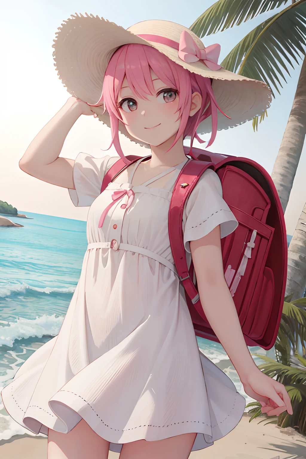 masterpiece, best quality, high resolution, extremely detailed, detailed background, cinematic lighting, 1girl, looking at viewer, absurdres, beach, white dress, sun hat, smile, wearing pink randoseru backpack, (randoseru backpack:1.0)