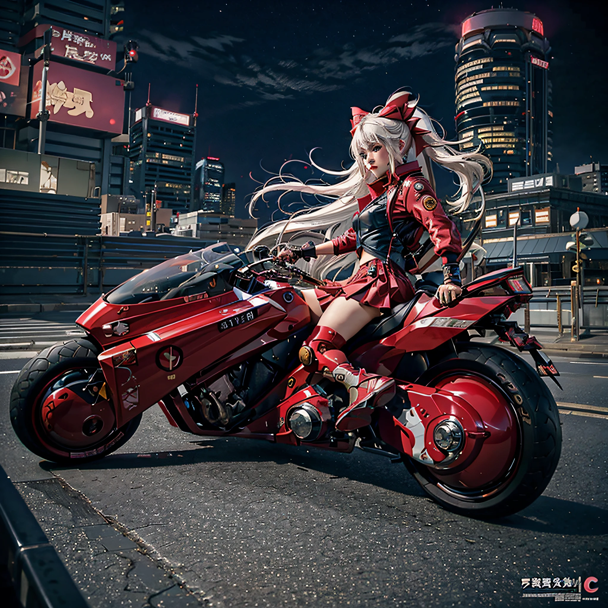 official art, unity 8k wallpaper, ultra detailed, beautiful and aesthetic, masterpiece, best quality, realistic, horns, blush, long hair, white hair, streaked hair, red eyes, hair bow, mole under eye,  red akirabike, riding bike, night, cyberpunk city view, epic screen, school uniform,