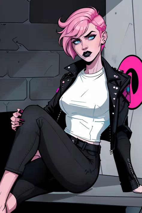 woman, sitting, inside a jail, pale blue eyes, detailed short pink hair Short Side Comb haircut, angry expression, black lipstick, small tits, wearing a leather jacket, black pants, shirt, white shirt, comic book style, flat shaded, prominent comic book ou...