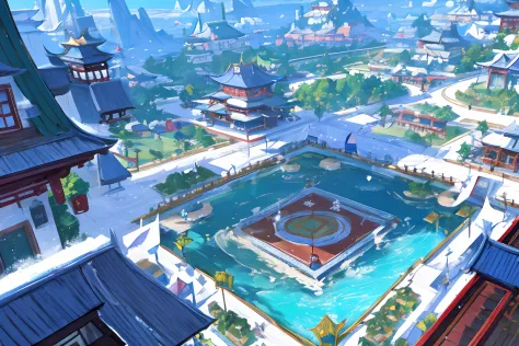Tournament Platform，In the middle of the square is a circular platform，Clean and tidy floor tiles，a paradise，In the daytime，Behind it is ancient Chinese architecture，Blizzard gameplay style，Chinese landscape，chinese style