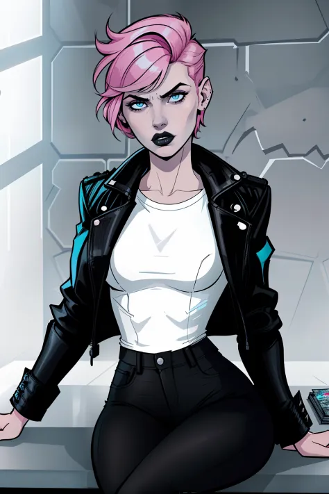 woman, sitting, inside a jail, pale blue eyes, detailed short pink hair Short Side Comb haircut, angry expression, black lipstick, small tits, wearing a leather jacket, black pants, shirt, white shirt, comic book style, flat shaded, prominent comic book ou...