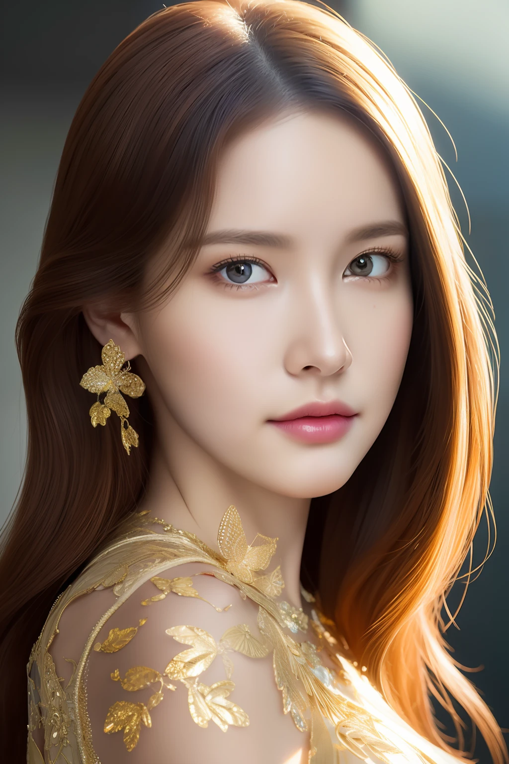 8k portrait of beautiful cyborg with brown hair, intricate, elegant, highly detailed, majestic, digital photography, art by artgerm and ruan jia and greg rutkowski surreal painting gold butterfly filigree, broken glass, (masterpiece, sidelighting, finely detailed beautiful eyes: 1.2), hdr,