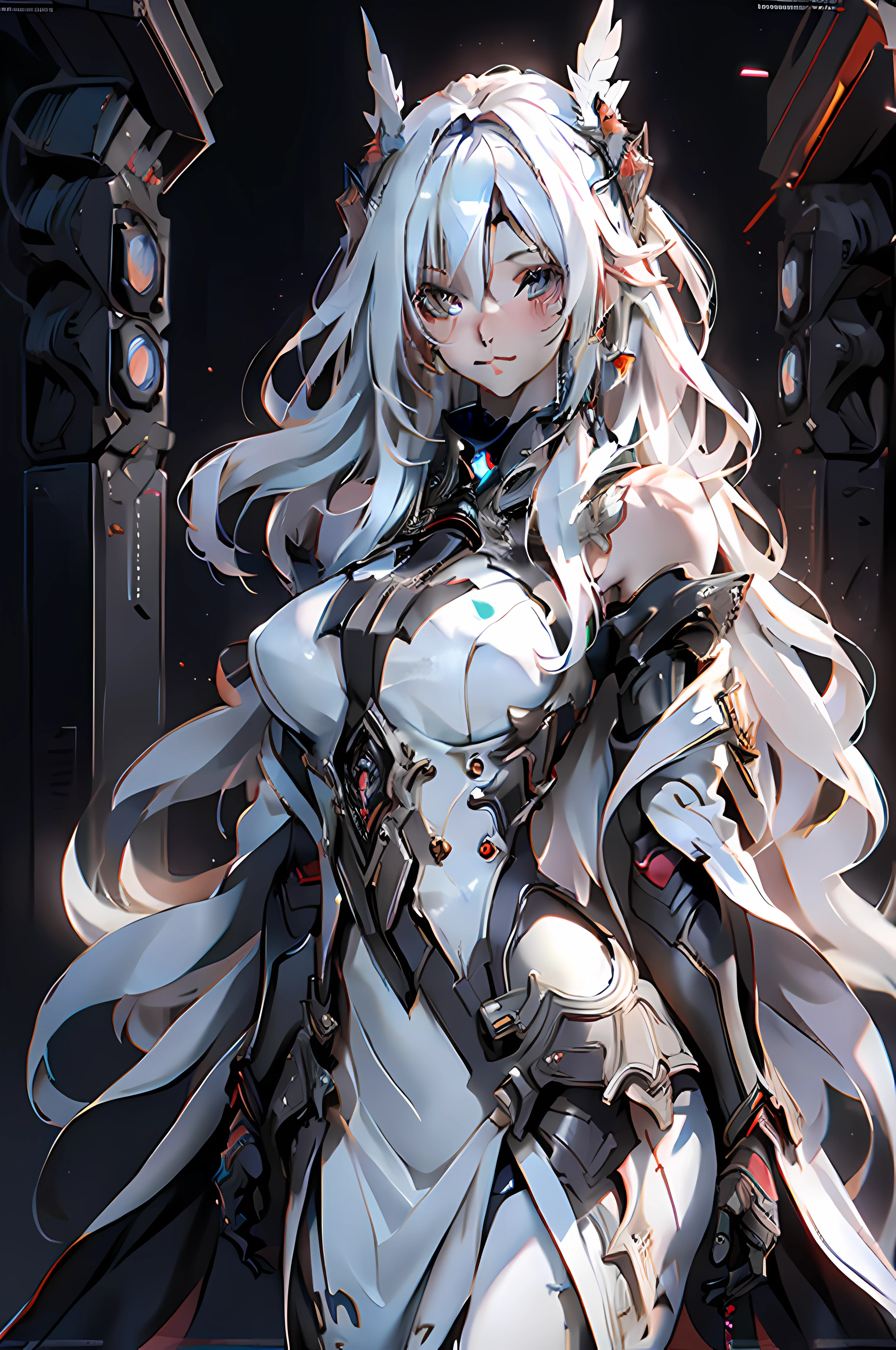 This is a hyper-detail、High resolution and top quality CG Unity 8k wallpaper，The style is cyberpunk，Mainly black and red。A beautiful girl with long hair with white messy white hair appears in the picture，s delicate face，((best qualtiy)), ((tmasterpiece)), (the detail:1.4), 3D, A beautiful cyberpunk female image,HDR（HighDynamicRange）,Ray traching,NVIDIA RTX,Super-Resolution,Unreal 5,Subsurface scattering、PBR Texture、post-proces、Anisotropy Filtering、depth of fields、maximum definition and sharpness、Many-Layer Textures、Albedo e mapas Speculares、Surface Coloring、Accurate simulation of light-material interactions、perfectly proportions、Octane Render、Two-colored light、largeaperture、Low ISO、White balance、the rule of thirds、8K RAW、big breasts exposed cleavage，cropped shoulders，camisole