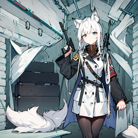 trench coat，long  white hair，fox ear，a teenage girl，assault rifle，shyexpression