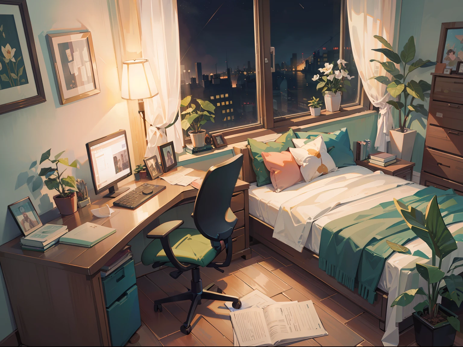 (masterpiece), best quality, ultra high res, sharp focus, ((no human)), medium long shot, MLS, detailed structure, detailed architecture, warm pastel color, studio bedroom, messy bedroom, plants, leaf, flower, desk, chair, open window, curtains, (at the night time:1.2)