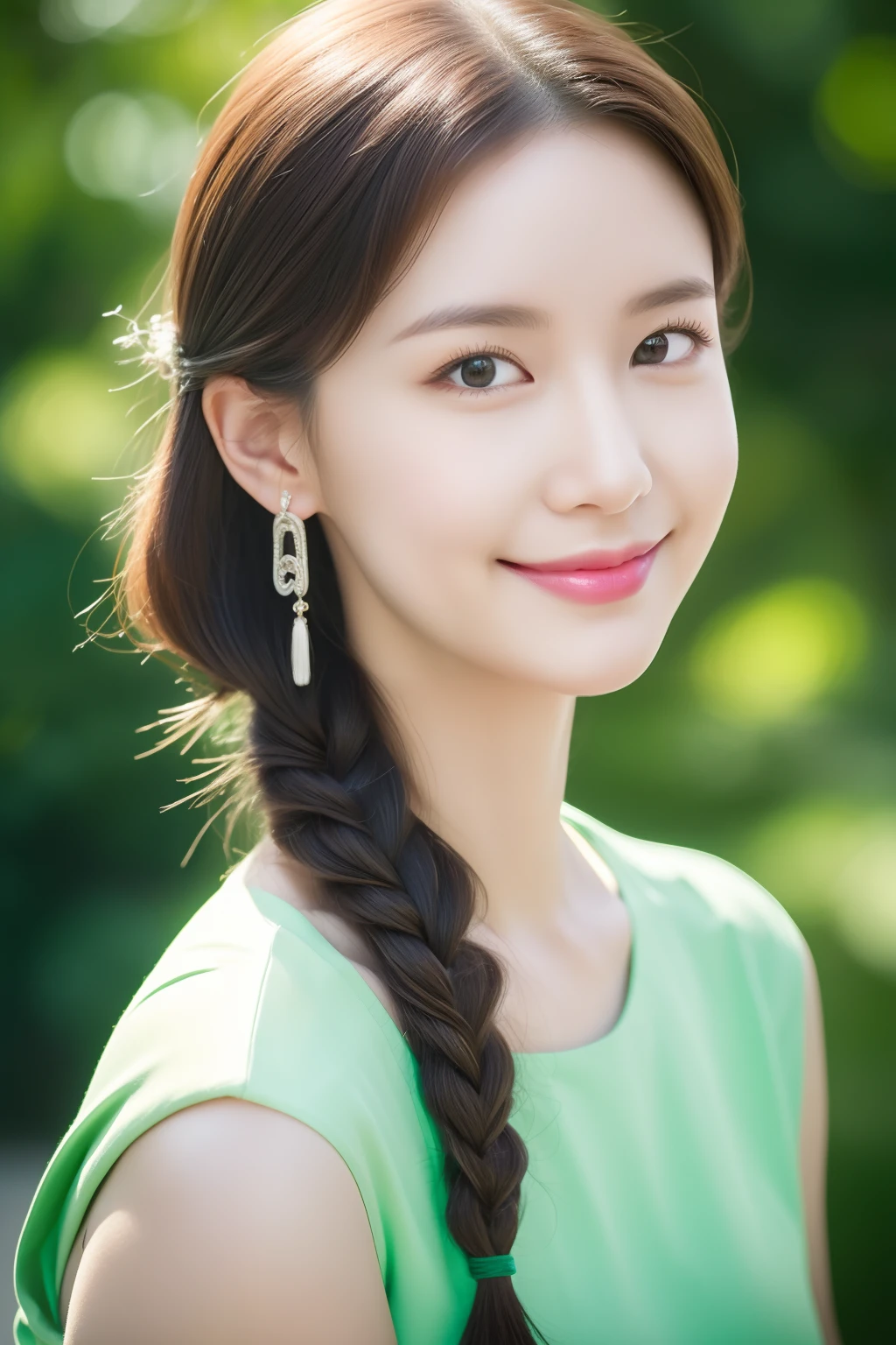 Best quality, Masterpiece, Night, full moon, 1 girl, Mature woman, Chinese style, Ancient China, sister, Imperial sister, Smile, Dark brown hair, Dark hair, Princess cut, Fried dough twisted braid, Coiled hair, Double ball head, Light pink lips, calm, Intellectual, mid hair, Green eyes, Hairpin, hydrangea, Fine face, facial closeups, Close-up of the hand, Green clothes,Beautiful face,Photorealistic, rim lit, twotonelighting,(highdetailskin:1.2), 8K  UHD, Digital SLR, Soft lighting, High quality, voluminetric lighting, photographed, high resolution, 4K, 8K, Bokeh