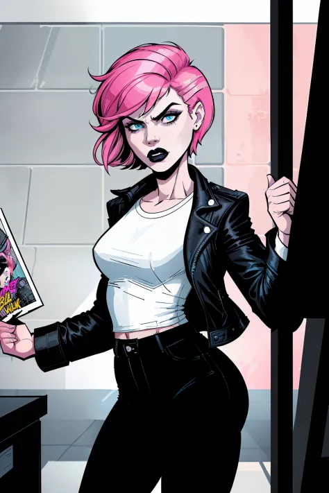 view from outside the cell, woman, standing, holding the jail bars, inside a jail cell, pale blue eyes, detailed short pink hair Short Side Comb haircut, angry expression, black lipstick, small tits, wearing a leather jacket, black pants, shirt, white shir...