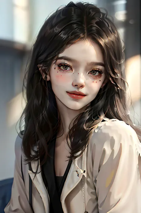 Young girl in the flower season，Watery eyes and seductive eyelashes，Wearing a black trench coat，Slightly exposed from the side，His eyes were more determined，There is a hint of mystery in the sadness，His smile，Sunshine，The whole person is full of energy，He ...