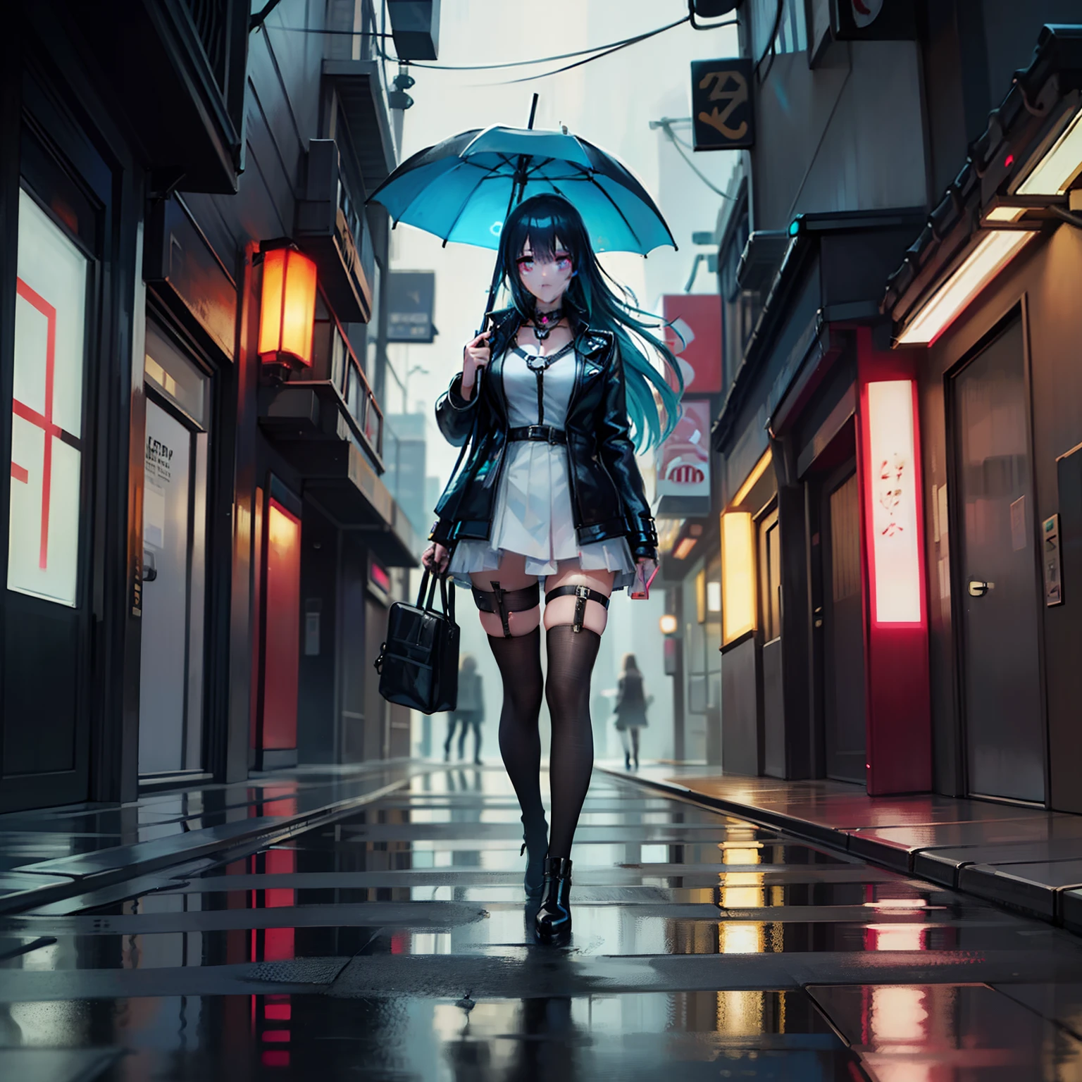 Alafi wore a short skirt and a black jacket，With an umbrella, cyberpunk streets in japan, rainy cyberpunk city, cyberpunk anime girl, neon rainy cyberpunk setting, cyberpunk photo, female cyberpunk anime girl, Anime style mixed with Fujifilm, cyber punk style, at cyberpunk city, anime cyberpunk art, Cyberpunk girl, in a cyberpunk setting, In a cyberpunk city, cyberpunk beautiful girl