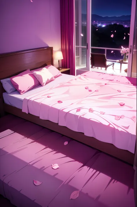 a sensual room view with scattered flower petals on the bed, heart-shape bed, night sky on windows, pink light, love hotel