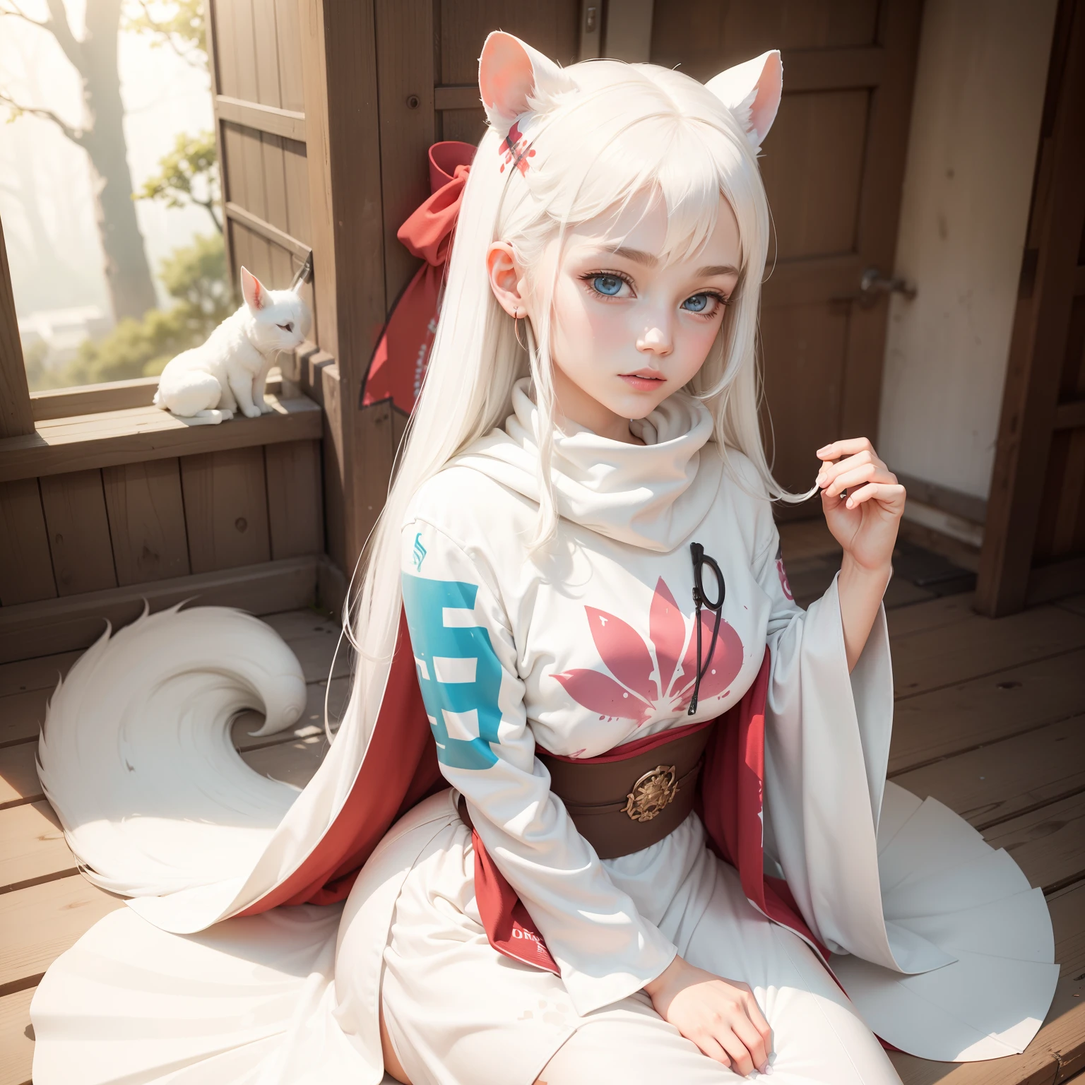 Anime cosplay of a woman with white hair and a cat tail - SeaArt AI