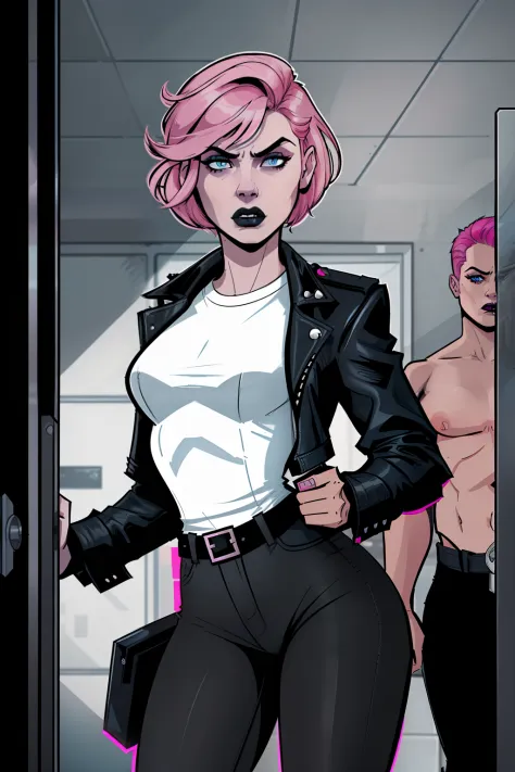 view from outside the cell, woman, standing, holding the jail bars, inside a jail cell, pale blue eyes, detailed short pink hair Short Side Comb haircut, angry expression, black lipstick, small tits, wearing a leather jacket, black pants, shirt, white shir...