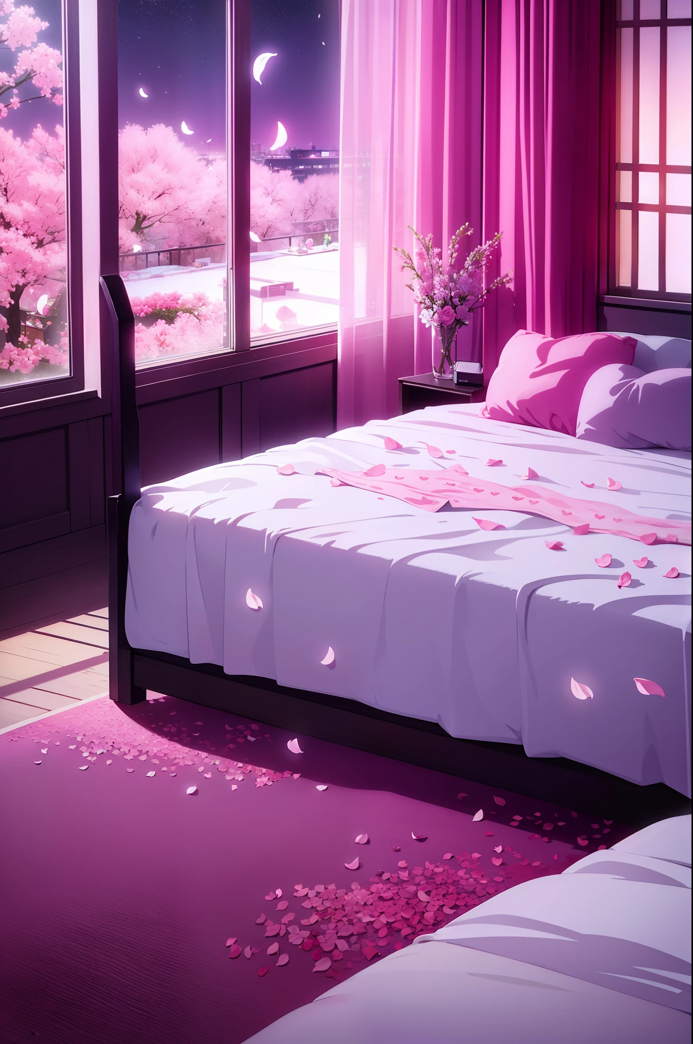 침대 위에 흩날리는 꽃잎이 있는 감각적인 객실 풍경, 하트 모양 침대, 창문에 밤하늘, 핑크빛, 러브호텔, 콘돔 자루, 젖은 침대