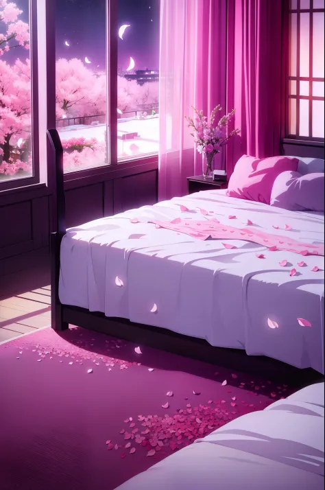 a sensual room view with scattered flower petals on the bed, heart-shape bed, night sky on windows, pink light, love hotel, cond...