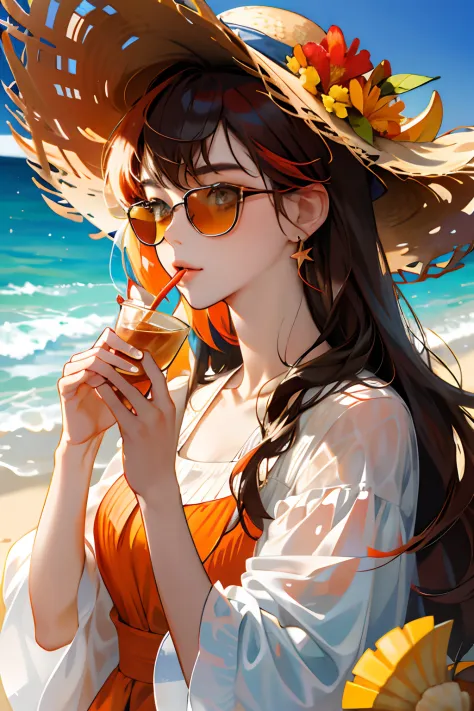 absurdres, highres, ultra detailed, 1girl, solo, extremely detailed eyes, starfish, seashell, shell, flower, hat, hair ornament, jewelry, straw hat, looking at viewer, sunglasses, hat flower, drinking straw, hairclip, earrings, red flower, tinted eyewear, ...