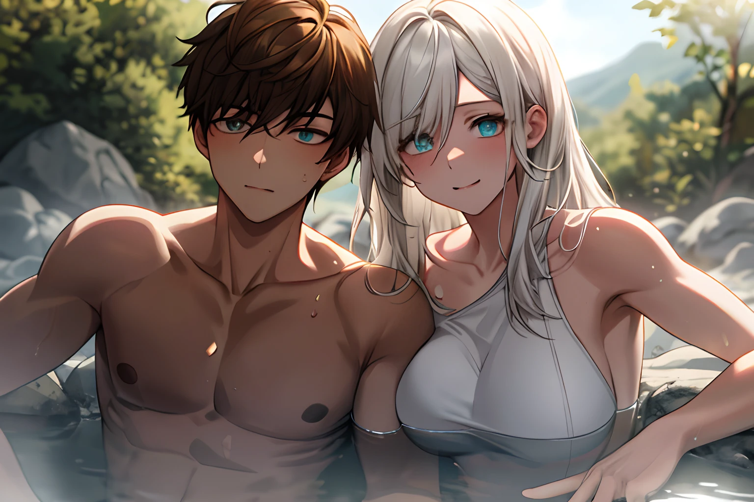 Anime couple in a hot tub with blue eyes and blonde hair - SeaArt AI