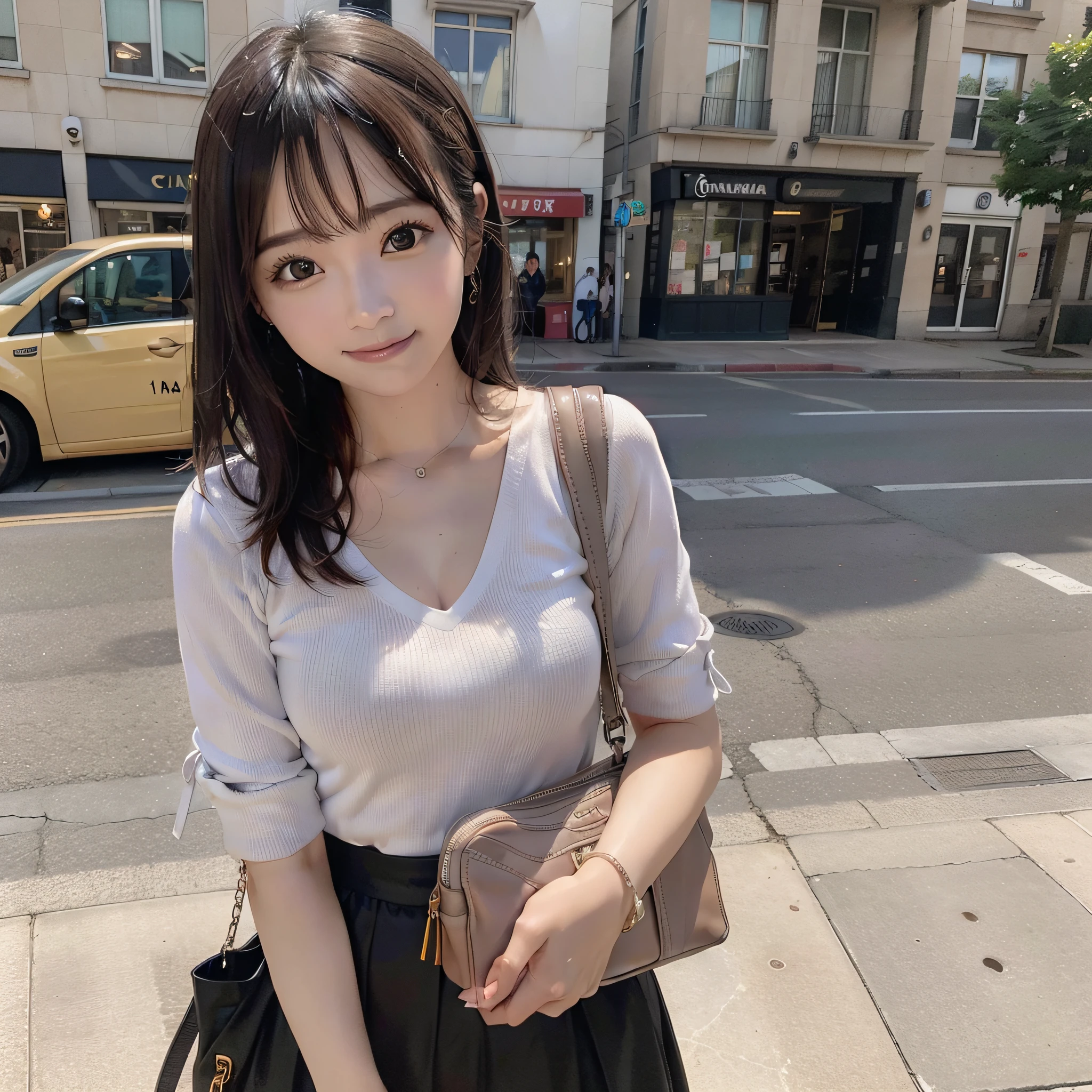 There is a beautiful young woman who is on the street with a bag, Ulzzang, (8k, foto RAW, melhor qualidade, obra-prima: 1.2), (realista, foto-realista: 1.37), ultra-detalhado, bonito, solo, beautiful detailed sky, Detailed café, noite, sentado, namoro, (nariz corado), (sorriso: 1.1), (boca fechada), middlebreasts, belos olhos detalhados, (camisa colarada: 1.1), gravata borboleta, saia plissada, esquilos.