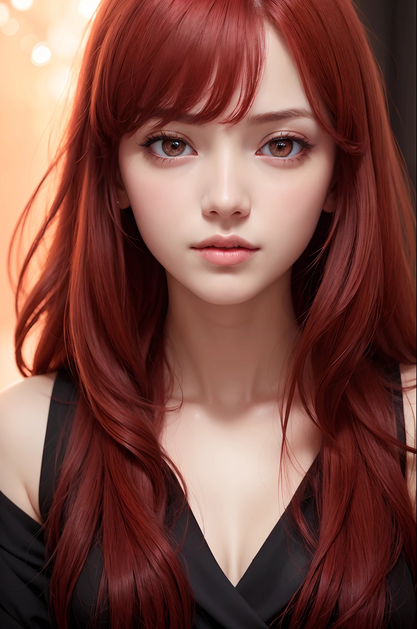 1fille, oeil d&#39;étoile, rougir, éclairage parfait, cheveux roux, les yeux rouges, moteur illusoire, éclairage latéral, Visage détaillé, frange, peau claire, fond simple, fond sombre,