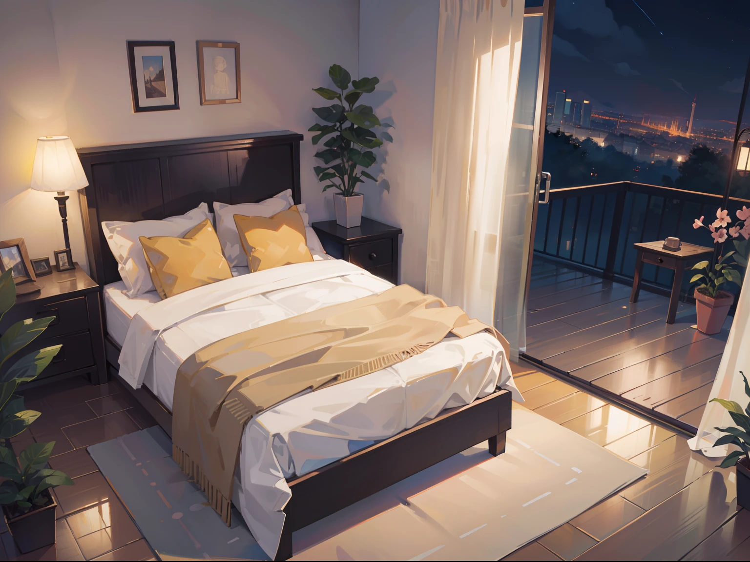 (masterpiece), best quality, ultra high res, detailed structure, detailed architecture, (warm pastel color), studio bedroom, plants, flower, open window, curtains, (at the night time:1.2)