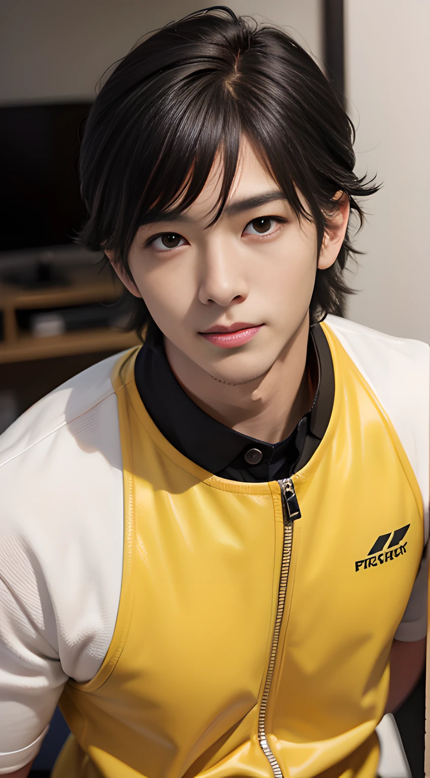 ((Men only)), (head shot), (face only), (handsome muscular young man in his 20s), (wearing a yellow outfit), (Takuya Kimura), Mischievous smile, (detaile: 1 in 1), Natural muscles, HIG quality, beautidful eyes, (Detailed face and eyes), (Face、: 1 / 2), Noise, Real Photographics、... ................................................................................................................PSD, Sharp Focus, High resolution 8K, realisitic & Professional Photography, 8K UHD, Soft lighting, High quality, Film grain, FujifilmXT3