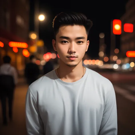 raw photo, a portrait photo of 25 y.o man in casual clothes, night, city street, (high detailed skin:1.2), 8k uhd, dslr, soft li...