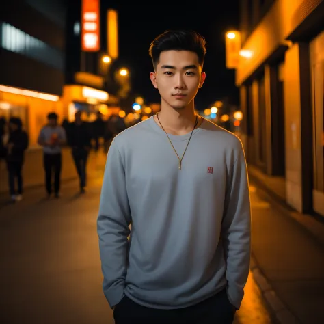 raw photo, a portrait photo of 25 y.o man in casual clothes, night, city street, (high detailed skin:1.2), 8k uhd, dslr, soft li...