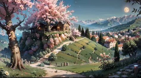 （best qualityer），（tmasterpiece），（ultra - detailed），（high detal），（extremely detaile），arcadia，The peach forest is full of flowers，Rustic and low-key village，mistic，Hidden deep in the peach forest，Hidden in the mountains，Hide the magic of the peach tree，Hide ...