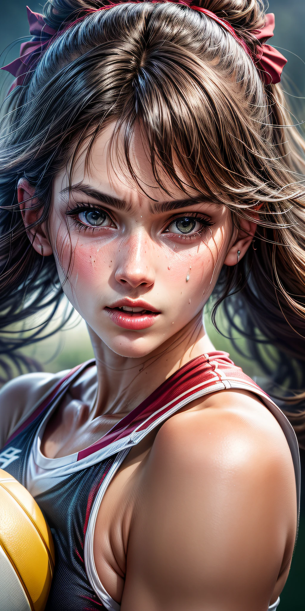 ((Best quality)), ((Masterpiece)), (Detailed: 1.4), 8k, 1girl, a detailed portrait in the moment a female volleyball player makes a tackle, detail of expression, details of sweat, texture of the skin, environment detail, dynamic view