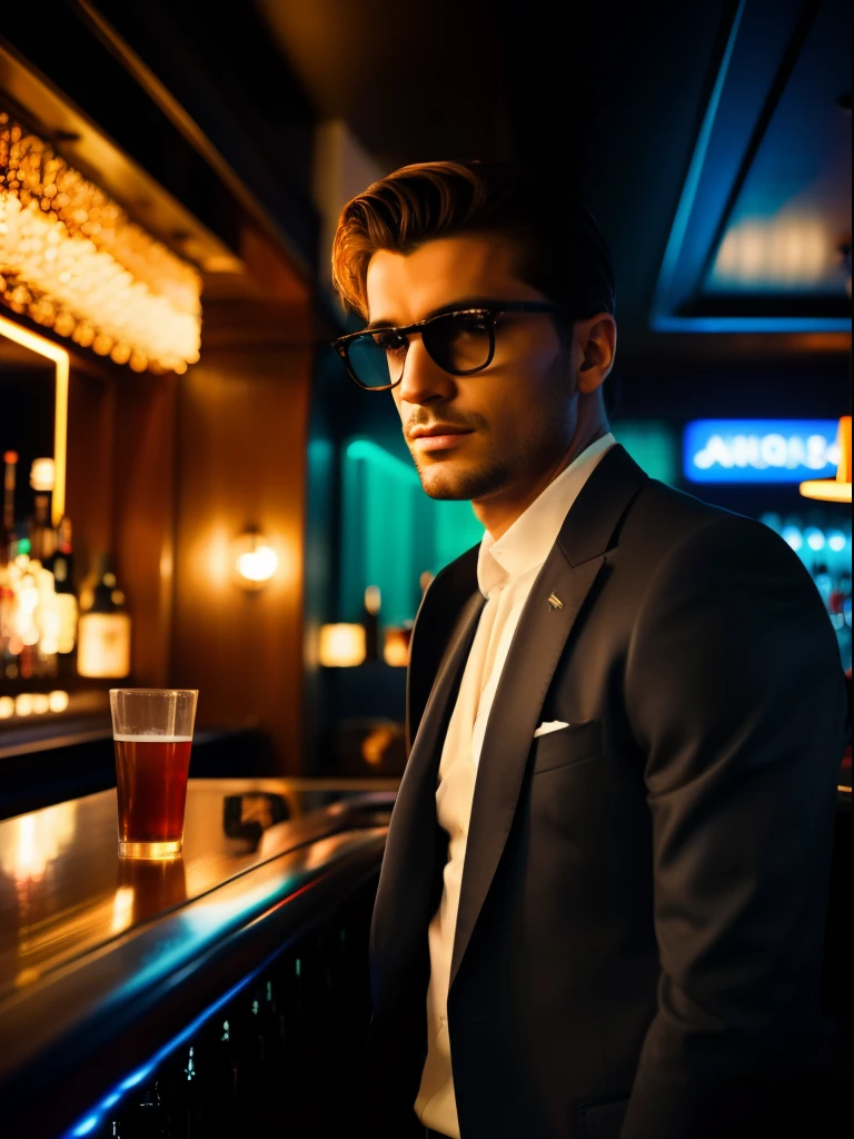 A close up of a man in a suit and tie standing at a bar - SeaArt AI