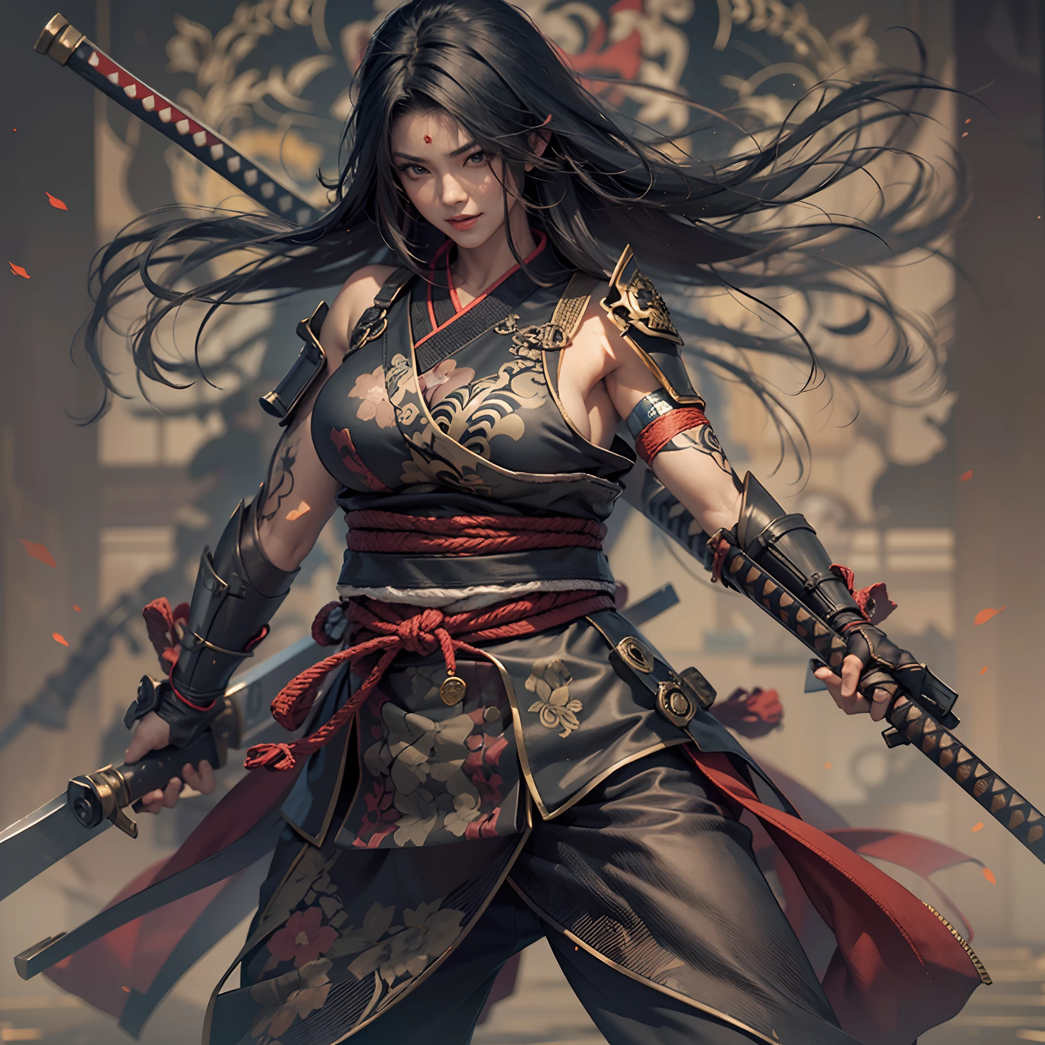 woman samurai，Female ninja，Return from the battlefield，Being in the room，Bare figure，Evil Tsundere smiled，Surreal detail muscle lines，Strengthen muscles，8K sexy，Detailed anatomy，Epic movie poster，rebelliousness，voluptuous figure，Bigchest，big assa，tmasterpiece，whole body picture