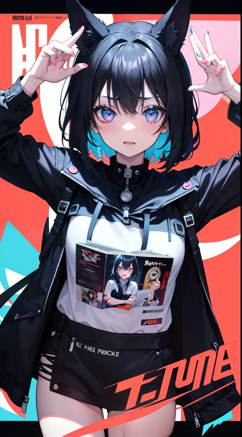 black hair, longeyelashes, solid circle eyes, fake animal ears, ear blush, fang, Magazine style, Cool, design sense, MagazineCover, Neat, Look ahead, Penetration, The dominant color is blue, The mouth is slightly open, Impactful, Surrealism, drop shadow, a...
