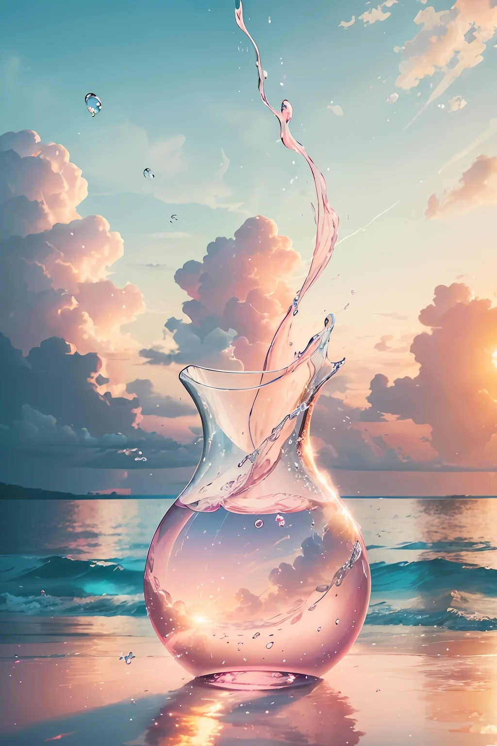Create a 4K 9:16 image that depicts a stunning sunrise on a tropical beach, with gentle waves and palm trees along the coast. The color palette should be vibrant and convey a sense of renewal and positive energy.  Picture a clear glass vase filled with a soft pink cloud. The cloud is made up of tiny bubbles, each reflecting a spark of light. You can see that the bubbles are constantly moving, shifting and swirling within the vase. But despite their ephemeral nature, they leave a lasting impression on the vase itself. As the light filters through the pink cloud, it casts a gentle glow on the glass, changing its very essence. Just like the bubbles, moments of joy may be fleeting and temporary, but the impression they leave on your soul is like the soft pink cloud, illuminating your very being and changing you forever.