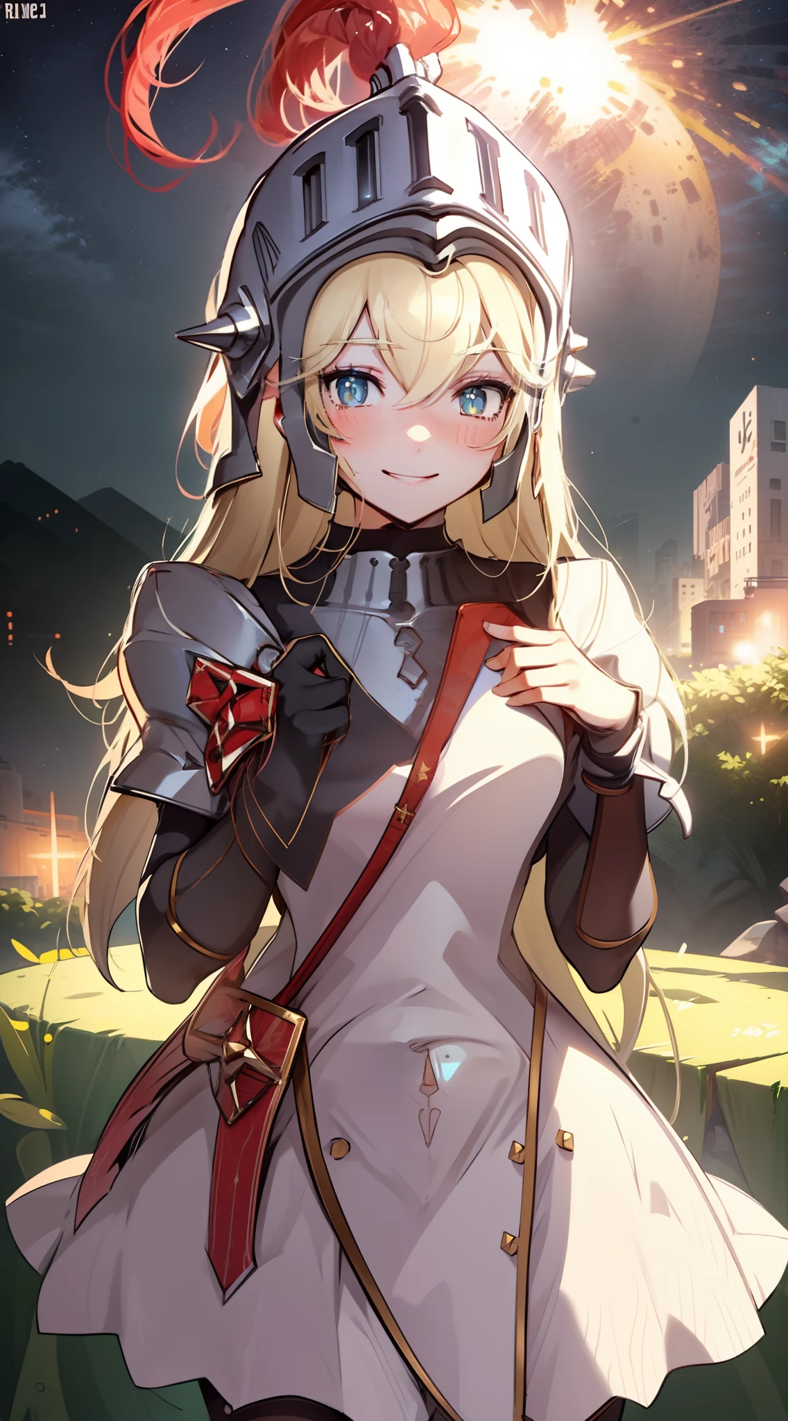 Very high quality, very good anatomy, sexy, girl smile,detailed eyes, upper body, dress, white dress, flower, garden, good anatomy, stand up, high quality, hd, helmet, glowing eyes, very detailed eyes, star eyes,blushing, unarmored, shy, shy face, Teo fingers pointing