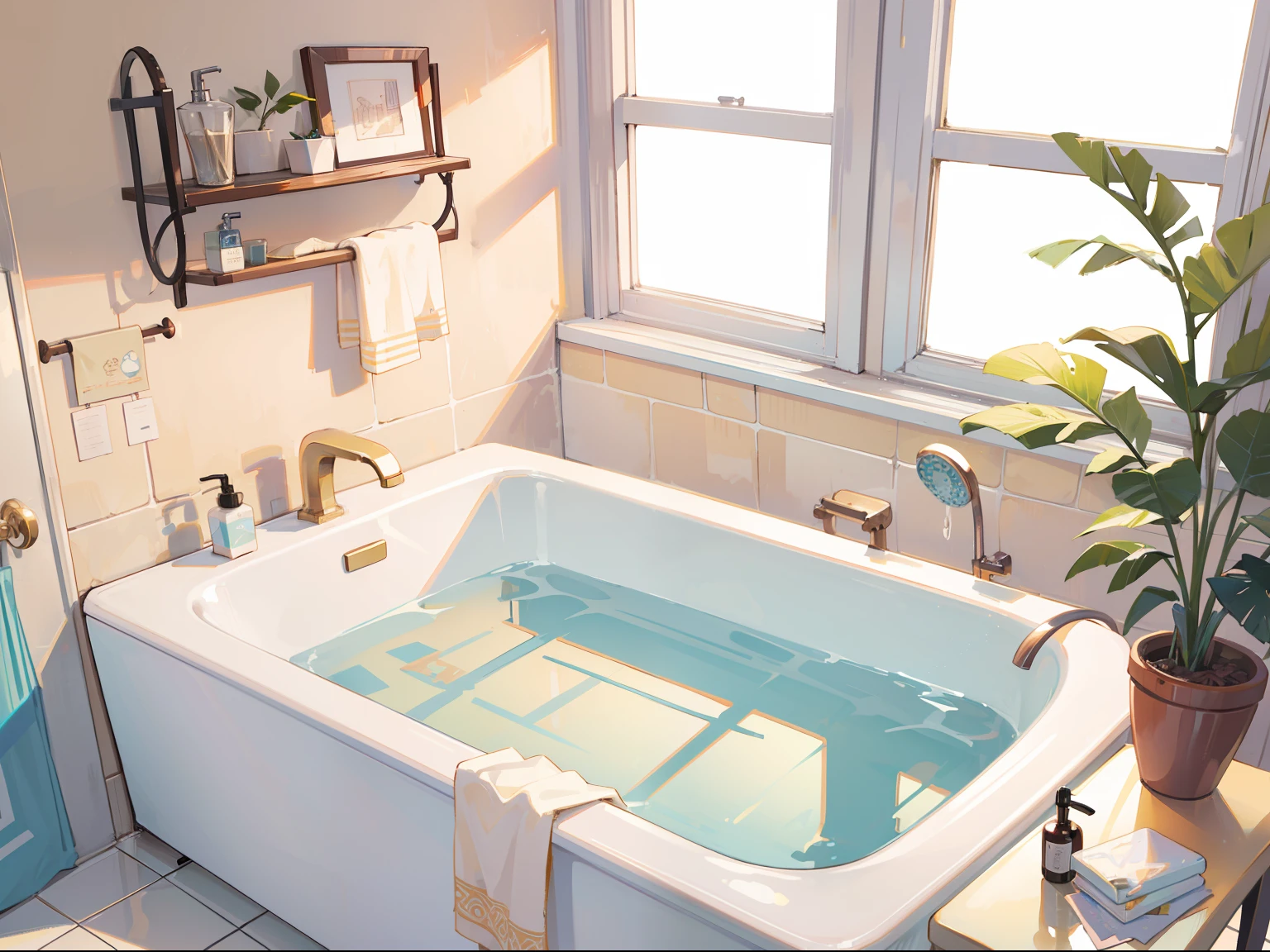 (chef-d&#39;œuvre), Meilleure qualité, ultra haute résolution, Structure détaillée, architecture détaillée, (couleur pastel chaude), salle de bain mini-studio, commodités sur le comptoir, couler, (1 baignoire)